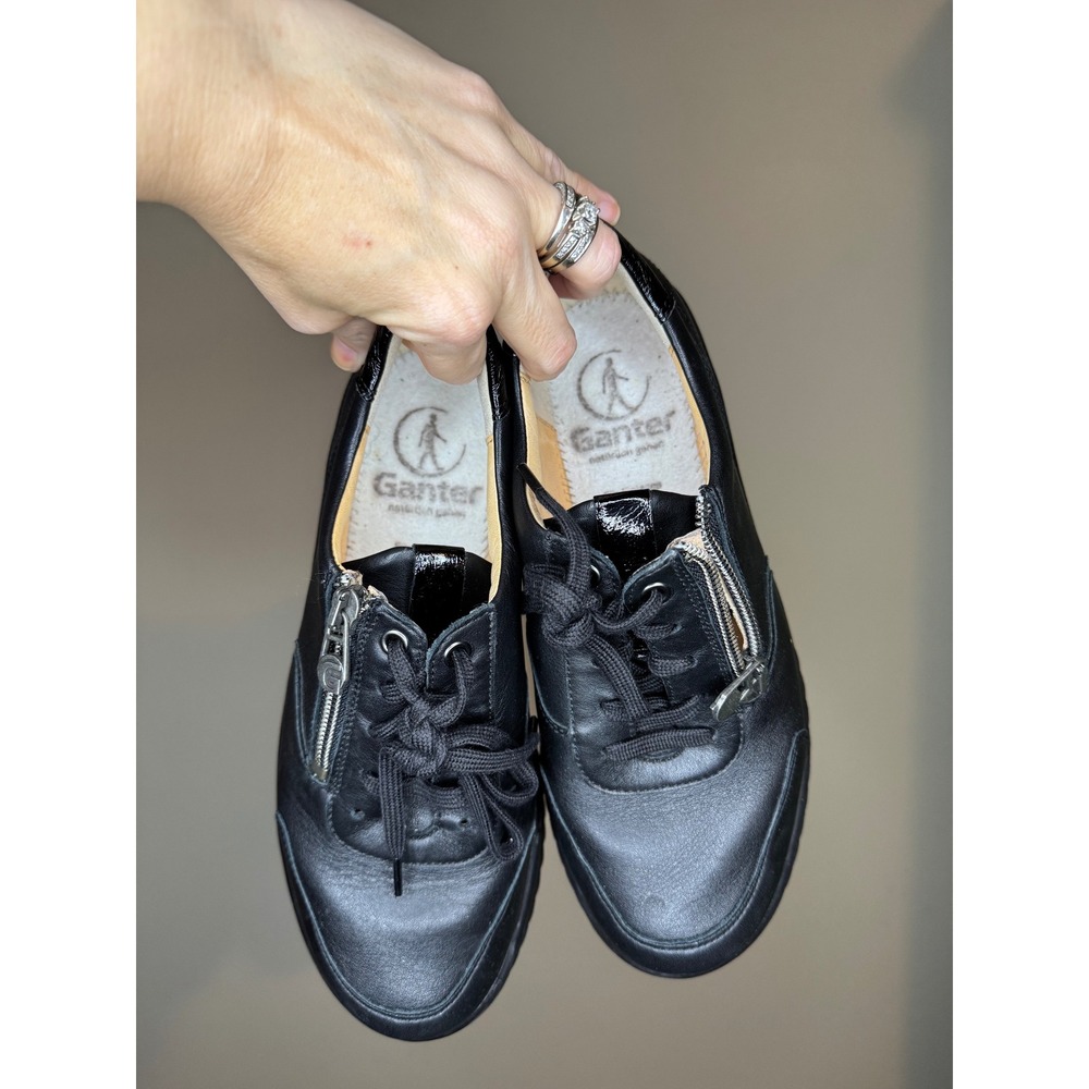 Ganter Black Leather Comfort Sneakers Side Zip Lace Up Shoes 6.5